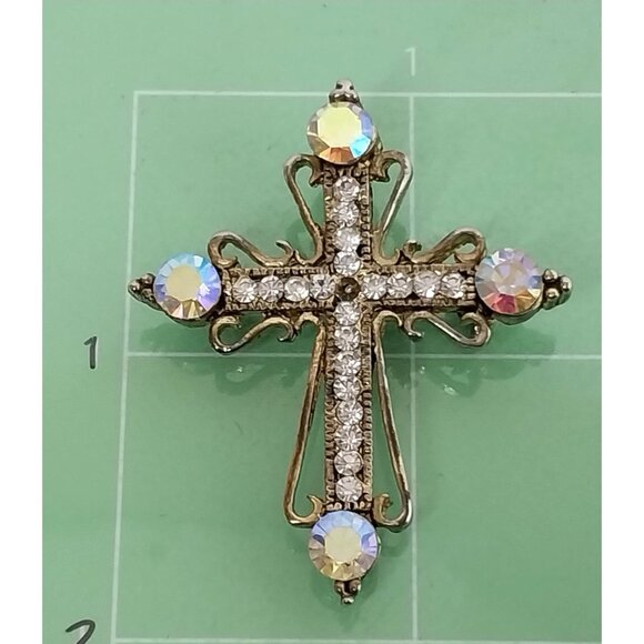 Vintage Aurora Borealis Rhinestone Cross Brooch Pin Ornate Gold Tone Pendant - Picture 6 of 6